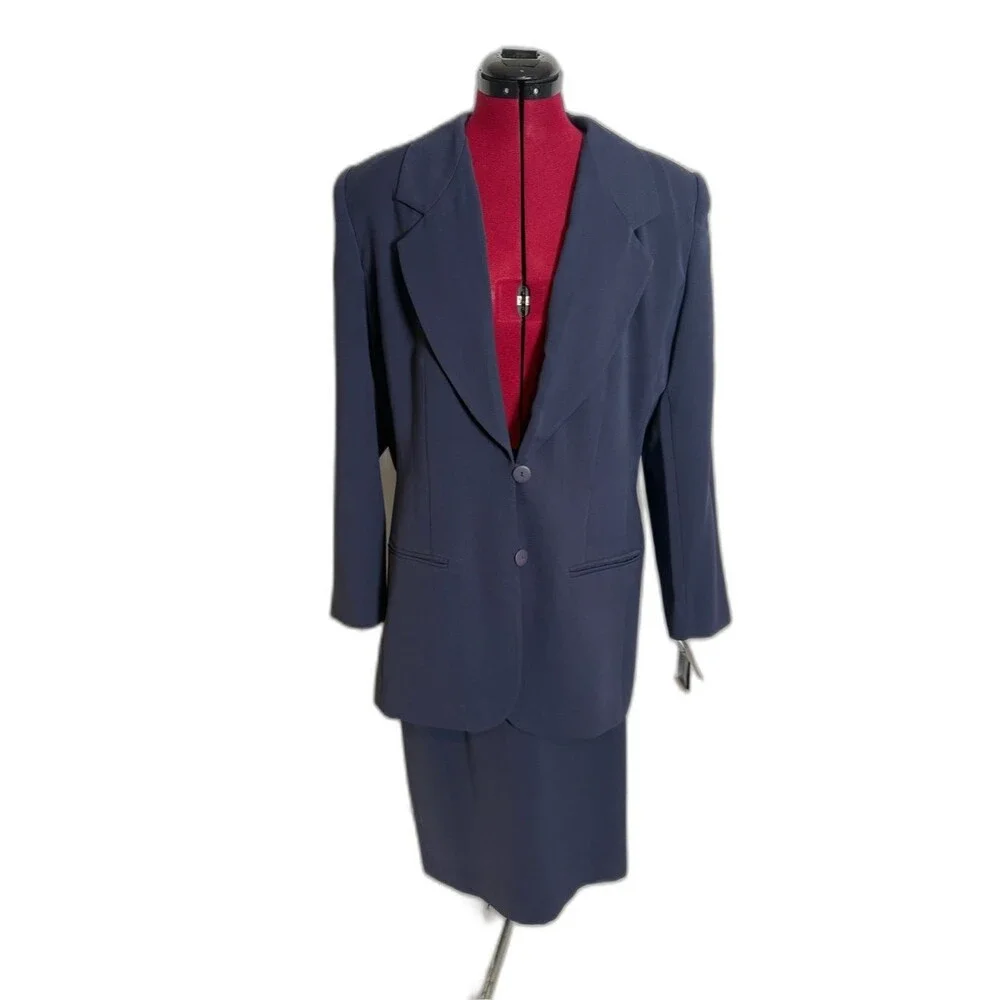 NWT Valerie Stevens Skirt Suit Size 16 Navy Blue 2-Piece Set Blazer & Skirt